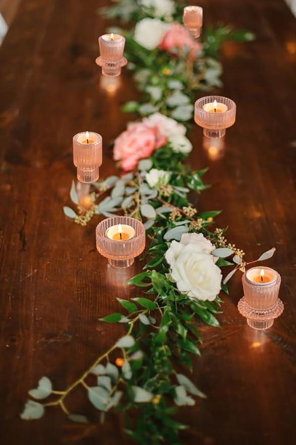 Vixdonos Taper Glass Candlestick Holders Tealight Candle Holders for Table Centerpieces, Wedding Decor and Dinner Party (6 Pcs, Orange Pink)