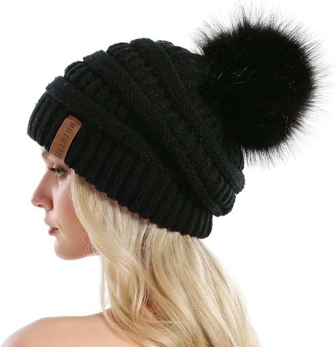QUEENFUR Women Knit Slouchy Beanie Chunky Baggy Hat with Faux Fur Pompom Winter Soft Warm Ski Cap
