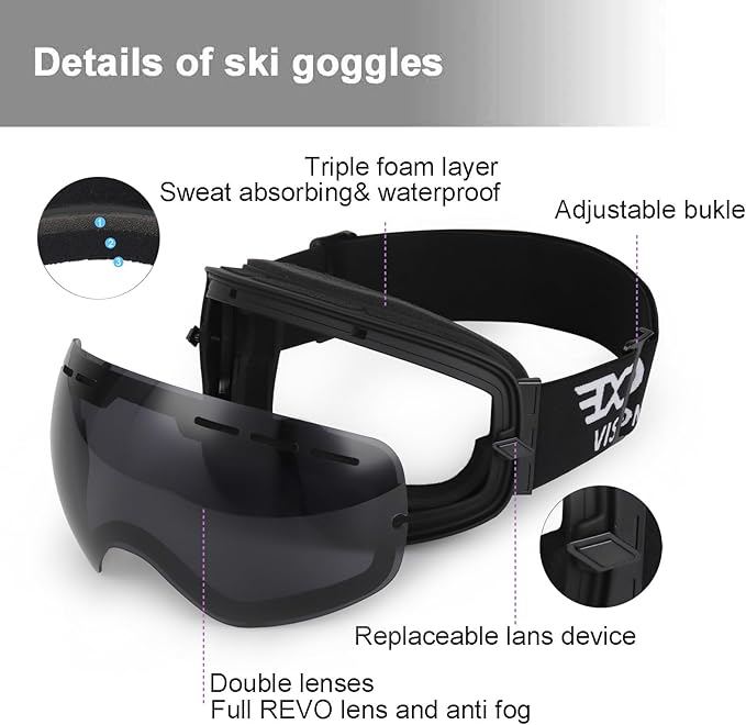 EXP VISION Snowboard Ski Goggles Men Women Youth, Anti Fog OTG Winter Snow Goggles Spherical Detachable Lens