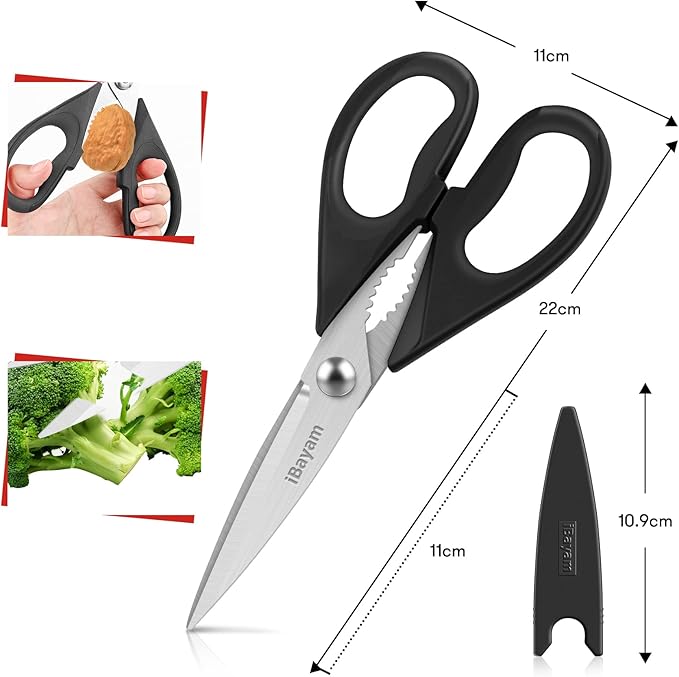 iBayam All Purpose Kitchen Scissors, Kitchen Shears with Protective Sheath Durable Stainless Steel Sharp Scissors, Dishwasher Safe, Soft Grip Handle for Cooking Food Herb Pizza Salad Seafood, 8.5 Inch