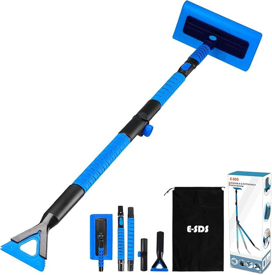 E-SDS 60” Snow Broom Ice Scraper Bendable Snow Remover for Cars with 12.2” Foam Head, Extendable Snow Brush for Car, Truck and SUV, Blue