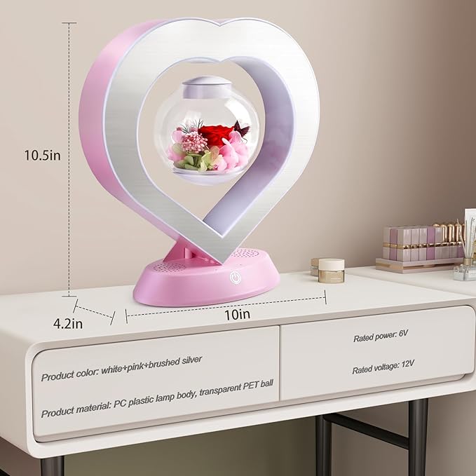 LoveLin Heart Preserved Rose Flowers with Bluetooth Speakers, 5W Pink Magnetic Levitation Table Lamp with Variable Color LED Light, Unique Forever Flower Gift for Women, Girls, Mother and Grandma