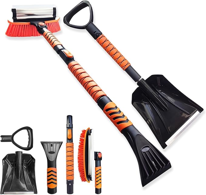 45'' Extendable Ice Brush and Ice Scraper 40'' Car Snow Shovel Snow Removal Tools 5 in 1 Foam Grip Snow Brush with Squeegee 180° Pivoting Brush Head for Cars Windshield,Vehicle,Trucks,SUVs