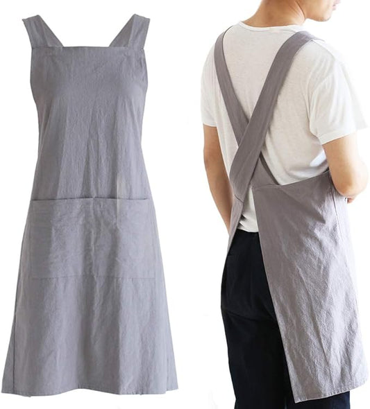 Japanese Style Linen Cotton Cross Back Pinafore Apron with Pockets for Women Ladies Men Chef Kitchen Cooking Baking