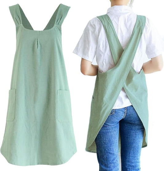 Japanese Style Linen Cotton Cross Back Pinafore Apron with Pockets for Women Ladies Men Chef Kitchen Cooking Baking