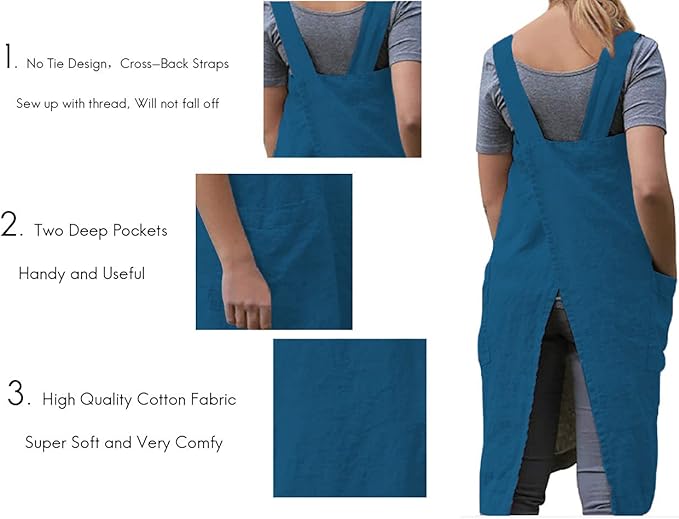 WROLEM Women's Practical Cross Back Pinafore Apron with Large Pockets Home Kitchen,Restaurant,Coffee House,Cooking,Gardening
