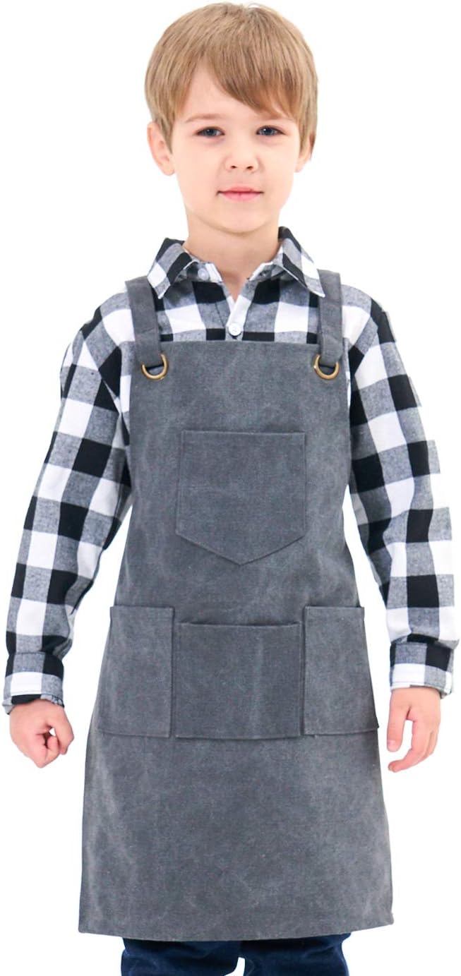 NEOVIVA Heavy Duty Work Apron for Kid Boys with Pockets and Adjustable Cross-back Straps