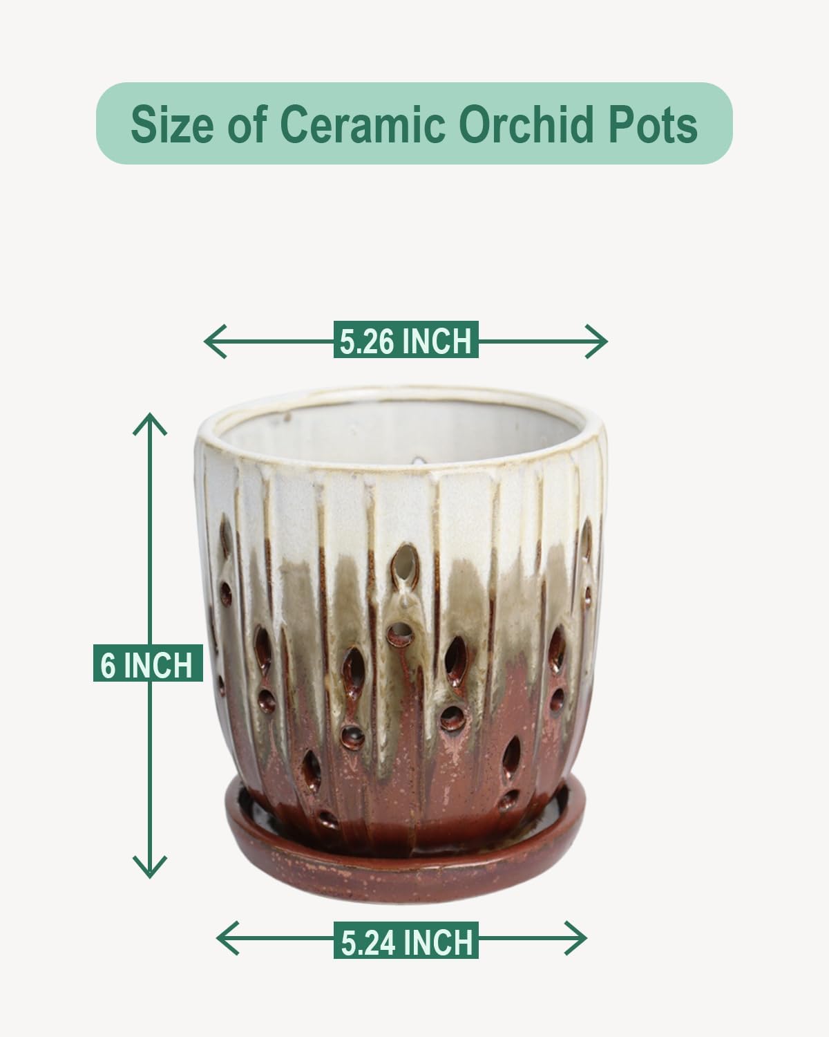 vensovo 6 Inch Ceramic Orchid Pot - Orchid Pot with Holes for Repotting, Ceramic Planter with Saucer for Indoor/Outdoor Plants, Brown