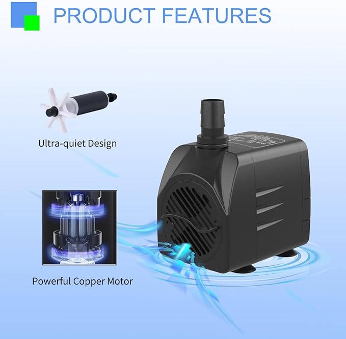 Fountain Pump 400GPH Submersible Water Pump Ultra Quiet for Fountain, Pond, Aquarium, Hydroponic with 6ft power cord