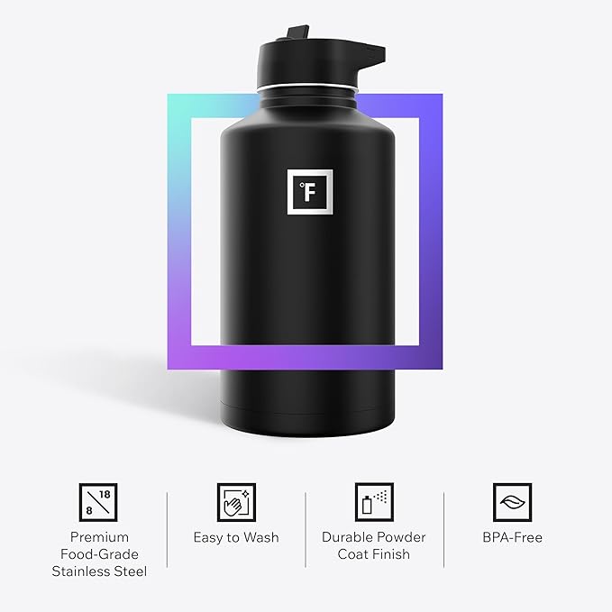 IRON °FLASK Camping & Hiking Hydration Flask with Straw, Wide Mouth Insulated Stainless Steel Sports Water Bottle - 64 oz Midnight Black