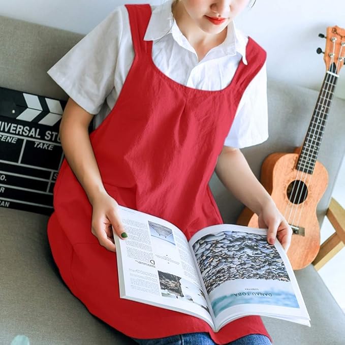 Japanese Style Linen Cotton Cross Back Pinafore Apron with Pockets for Women Ladies Men Chef Kitchen Cooking Baking