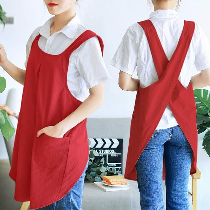 Japanese Style Linen Cotton Cross Back Pinafore Apron with Pockets for Women Ladies Men Chef Kitchen Cooking Baking