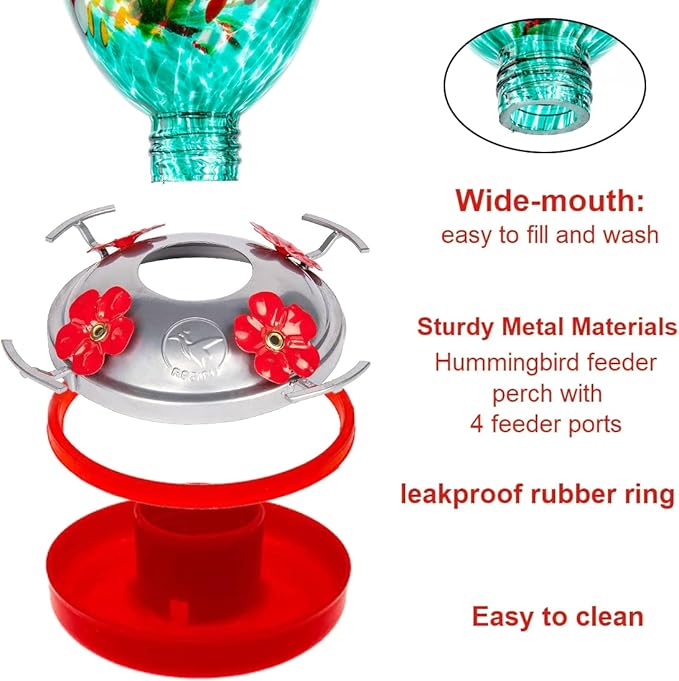 REZIPO Hummingbird Feeder with Perch - Hand Blown Glass - 38 Fluid Ounces Hummingbird Nectar Capacity Include Hanging Wires and Moat Hook (Half Red)