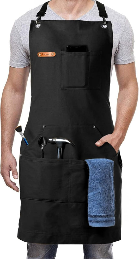 Professional Work Chef Apron for Men Women, Duty Water-Resistant Cotton Canvas, Durable Adjustable, Cooking BBQ