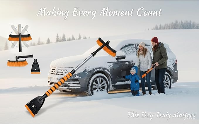 Snow Brush and Ice Scrapers for Car Windshield, 360° Pivoting Brush Head Detachable Snow Scrapers with Ergonomic Foam Grip;36inch Extendable Snow Brushs for Car，SUV and truck,Orange,Car Accessories