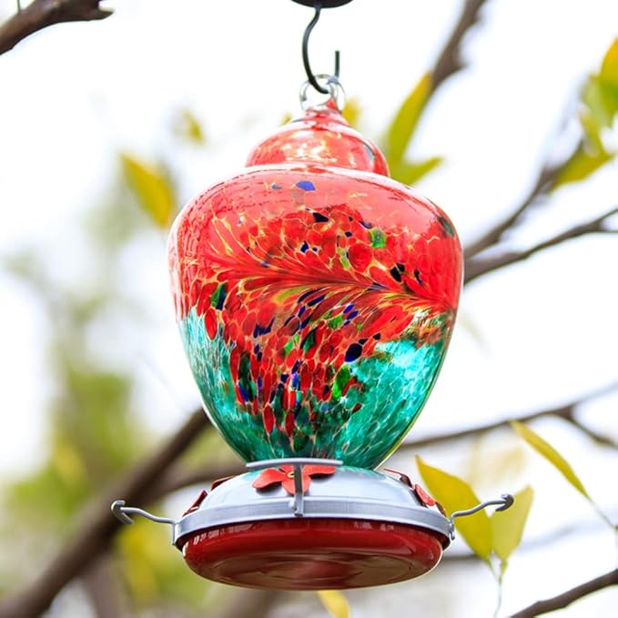 REZIPO Hummingbird Feeder with Perch - Hand Blown Glass - 38 Fluid Ounces Hummingbird Nectar Capacity Include Hanging Wires and Moat Hook (Red-Green)