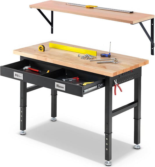Workbench with Shelf Bracket 48 x 24 Inch Heavy Duty Rubberwood Tabletop Work Table Adjustable Height Work Bench with Drawer, Power Outlets for Garage Woodworking Shop, Home, Office