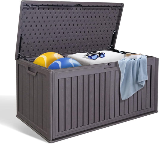 100 Gallon Waterproof Outdoor Storage Box, Outside Resin Deck Box for Patio Cushions, Garden Tools and Sports Pools Equipment