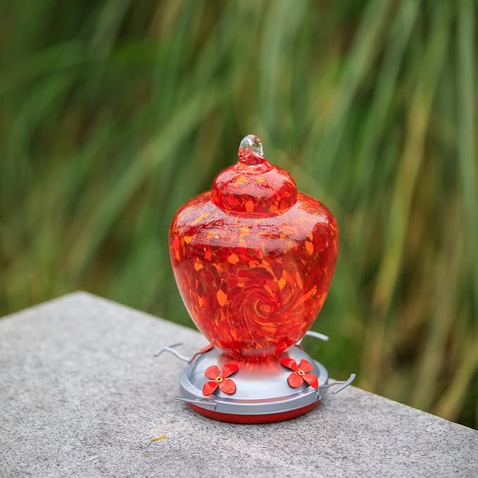 REZIPO Hummingbird Feeder with Perch - Hand Blown Glass - Red - 38 Fluid Ounces Hummingbird Nectar Capacity Include Hanging Wires and Moat Hook