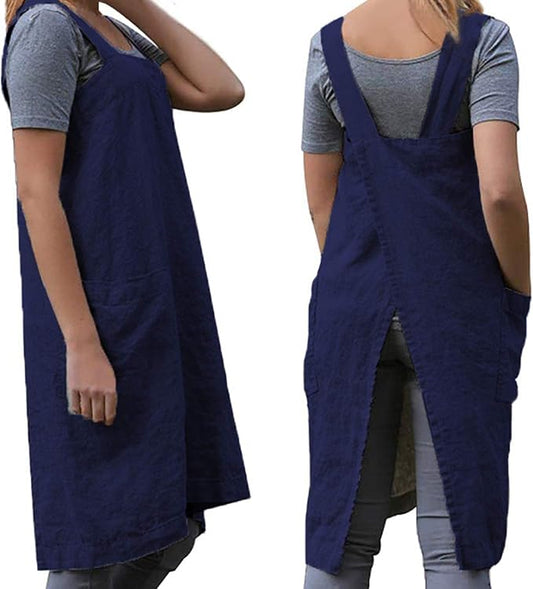 WROLEM Women's Practical Cross Back Pinafore Apron with Large Pockets Home Kitchen,Restaurant,Coffee House,Cooking,Gardening