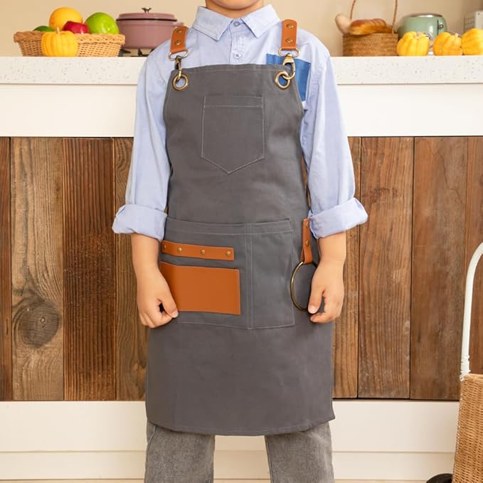 NEOVIVA Heavy Duty Work Apron for Kid Boys with Pockets and Adjustable Cross-back Straps