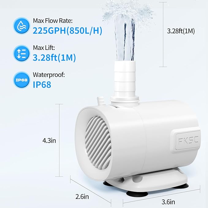 225 GPH Submersible Fountain Pump – Adjustable Flow, Dual-Suction Side/Bottom Intake, Ultra‑Quiet with Thermal Protection – Ideal for Fish Tanks, Ponds, Aquariums, Statuary & Hydroponics (White)
