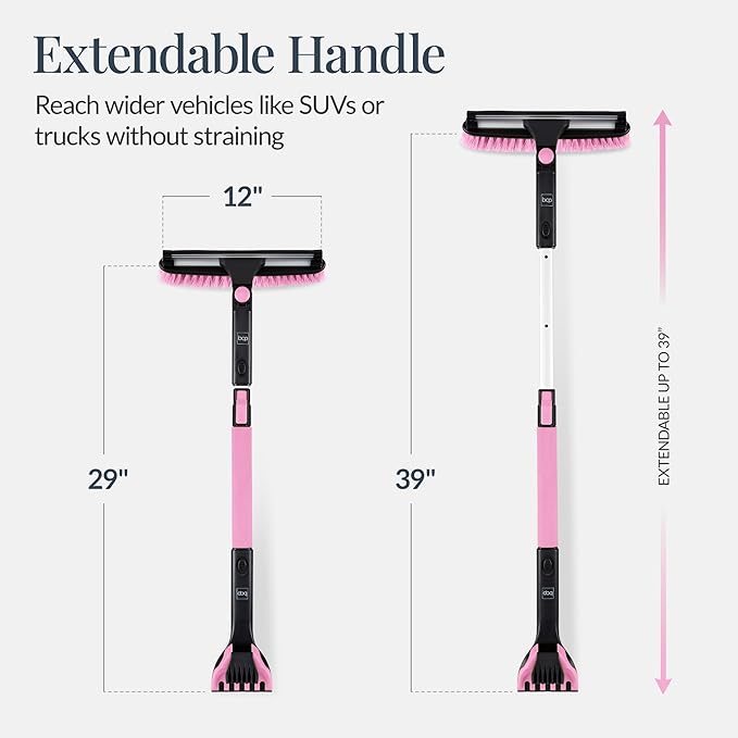 Best Choice Products Snow Brush with Squeegee & Ice Scraper, Up to 39" Extendable Foam Grip, 270° Pivoting Snow Brush for Car Truck SUV, Storage Bag Included - Pink