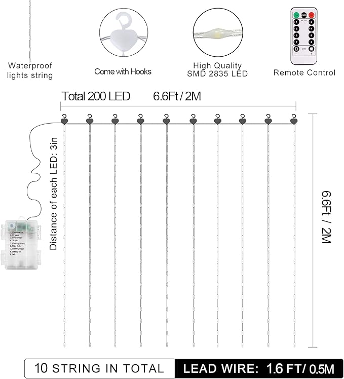 echosari Curtain Lights Battery Operated 200 LED Curtain Fairy Lights 6.6×6.6ft with Remote Timer Outdoor Wall Light Fully Waterproof for Wedding Backdrops Bedroom Decor (Warm White)