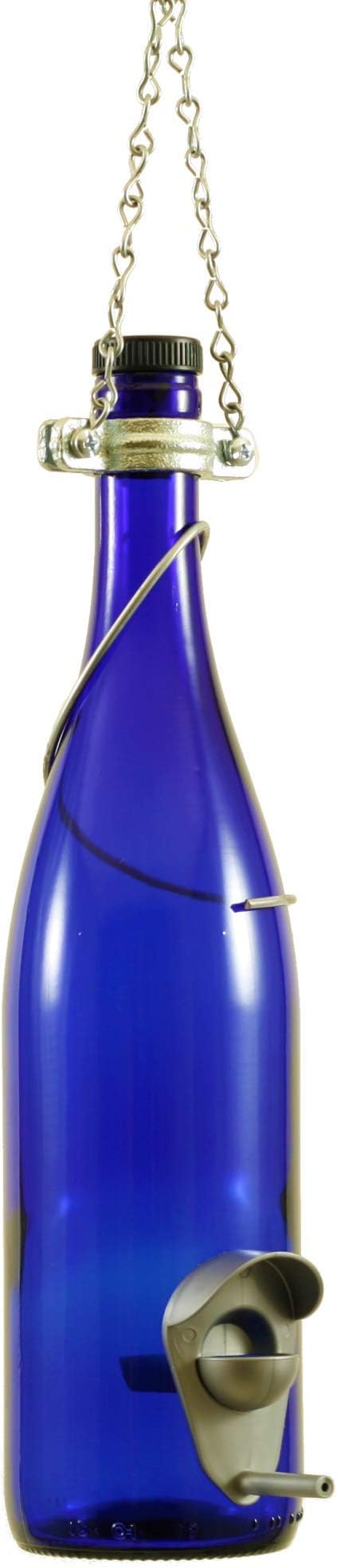 Blue Ridge Mountain Wine Bottle Bird Feeders, Backyard Decor, Finch Feeder, Garden Decor for Outside, Bird Decor, Hanging Bird Feeder, Outdoor Decor, 25oz Seed Capacity, Cobalt Blue & Silver