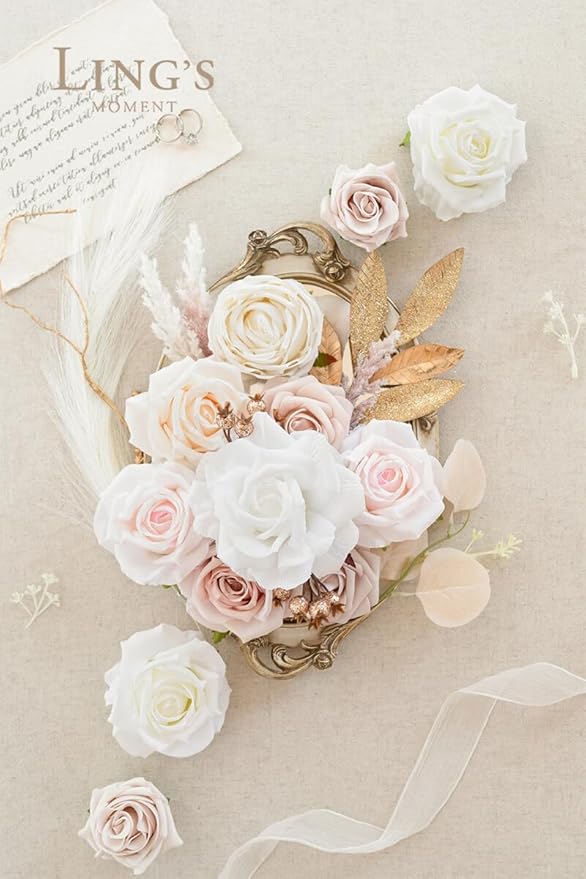 Ling's moment Fake Flowers Box, Faux Artificial Greenery Stems Foam Roses Berry Silk Eucalyptus Fabic Flower for Centerpieces Bouquet Wedding Vase Floral Decorations, White & Beige, Grand Combo