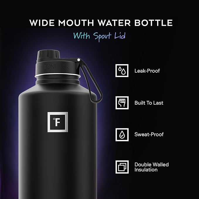 IRON °FLASK Camping & Hiking Hydration Flask with Spout, Wide Mouth Insulated Stainless Steel Sports Water Bottle - 64 oz Dark Night