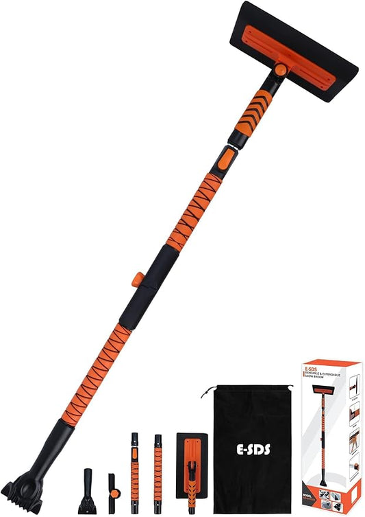 E-SDS 60” Snow Broom Ice Scraper Bendable Snow Remover for Cars with 12.2” Foam Head, Extendable Snow Brush for Car, Truck and SUV (Orange and Black)