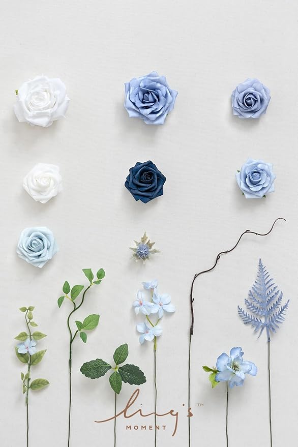 Ling's moment Fake Flowers Box, Artificial Faux Greenery Stems Silk Peony Foam Rose for Wedding Bouquets Centerpieces Table Decorations Backyard Floral Arrangement, Dusty Blue & Ivory, Mini Combo