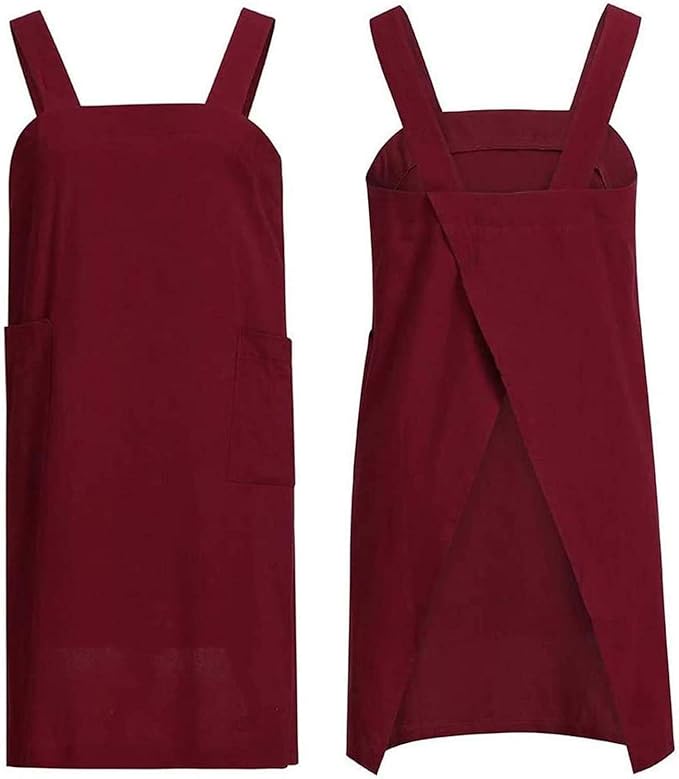 WROLEM Women's Practical Cross Back Pinafore Apron with Large Pockets Home Kitchen,Restaurant,Coffee House,Cooking,Gardening