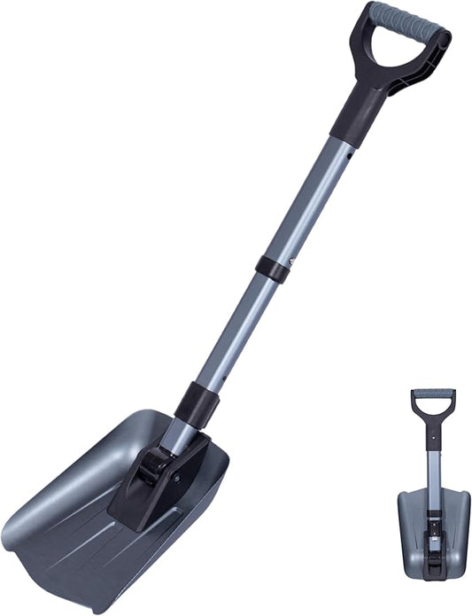34” Folding Emergency Snow Shovel – Rugged Compact Tool for Car, Snowmobiles, or ATV – Compact Winter Survival Gear - Skiing Camping Mud Avalanche - Collapsible Multifunctional - Grey
