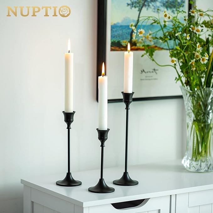 Nuptio Black Candle Holder Candlestick Holders 15 Pcs Candle Sticks Holder Metal Tapered Candle Holder, Taper Candle Holders for Wedding Christmas Party Celebration Mantel Dinner Home Decoration