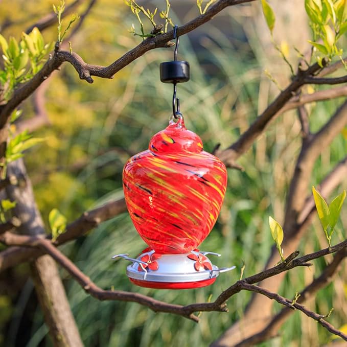 REZIPO Hummingbird Feeder with Perch - Hand Blown Glass - 38 Fluid Ounces Hummingbird Nectar Capacity Include Hanging Wires and Moat Hook (Yellow)