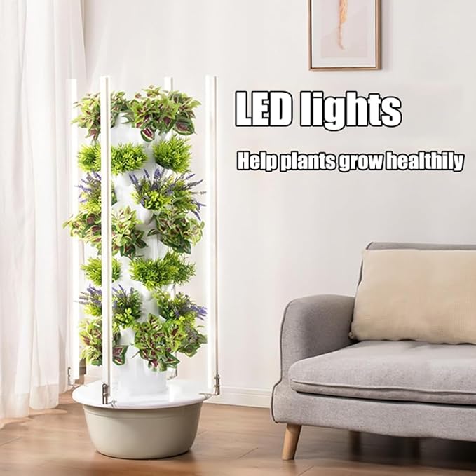 Hydroponic Tower Indoor/Outdoor Smart Garden for Herbs, Fruits, and Vegetables, 5/7/9 Layers, Vertical Aeroponic Growing Kit with Smart Timer, Silent Water Pump, Space-Saving,28holes