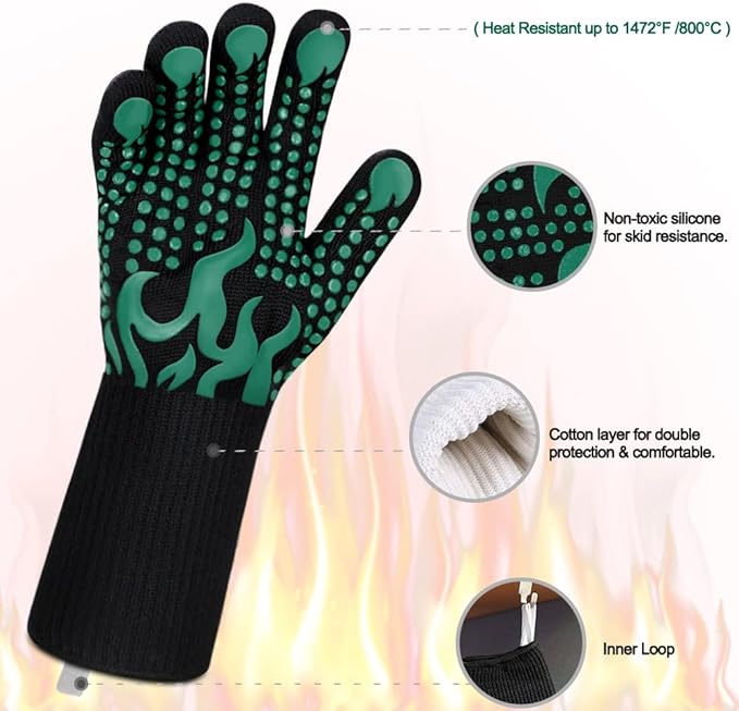 Comsmart BBQ Gloves, 1472 Degree F Heat Resistant Grilling Gloves Silicone Non-Slip Oven Gloves Long Kitchen Gloves for Barbecue, Cooking, Baking, Cutting