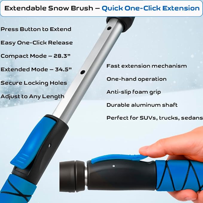 34.5" Snow Brush & Ice Scrapers for Car Windshield with Foam Grip for Cars Extendable, SUV, Trucks - Detachable Сar Scraper - No Scratch - Heavy Duty Handle, Snow Broom, Remover, Easy Scraper, Blue