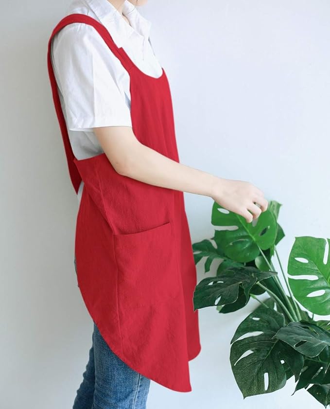Japanese Style Linen Cotton Cross Back Pinafore Apron with Pockets for Women Ladies Men Chef Kitchen Cooking Baking