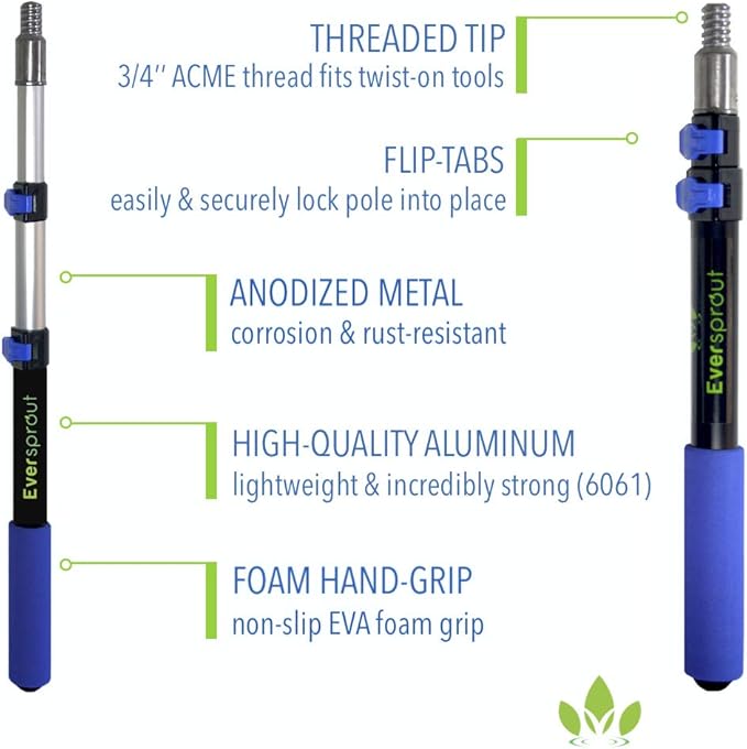 EVERSPROUT 1.5-to-3 Foot Cobweb Duster and Extension-Pole Combo (8-10 Ft Standing Reach, Soft Bristles) | Hand Packaged | Lightweight, 3-Stage Aluminum Pole | Indoor & Outdoor Use Brush Attachment