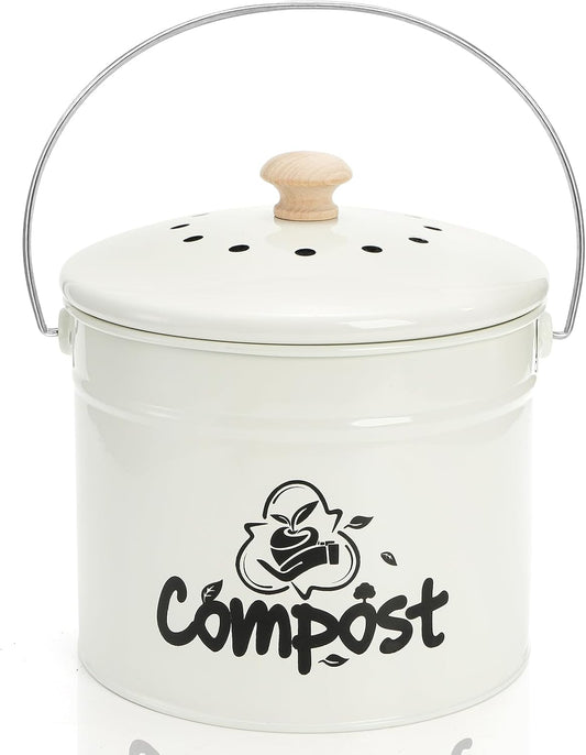 Small Kitchen Compost Bin, 1 Gallon Odorless Composter Container, Food Waste Bucket with Charcoal Filter Lid, Indoor Farmhouse Composting Pail Canister for Trash Scraps, Carrying Handle