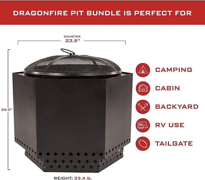 Dragonfire Smokeless Firepit, Accessories Included: Spark Screen, Base Stand, and Weatherproof Cover. Wood Pellet/Log Burning Large Outdoor Fire pit. Matte Black Finish, 23.5 Inch Backyard Patio Size.