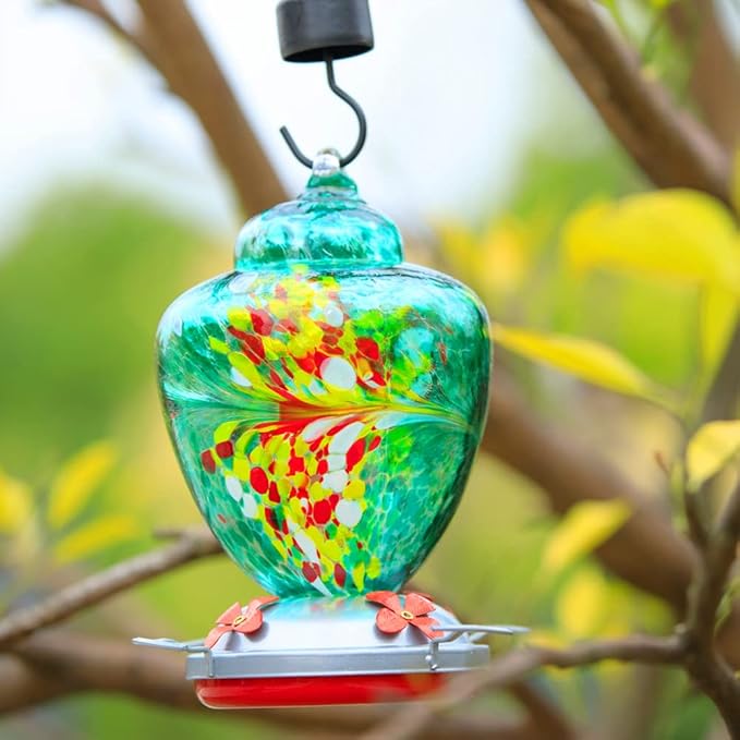 REZIPO Hummingbird Feeder with Perch - Hand Blown Glass - 38 Fluid Ounces Hummingbird Nectar Capacity Include Hanging Wires and Moat Hook (Green)