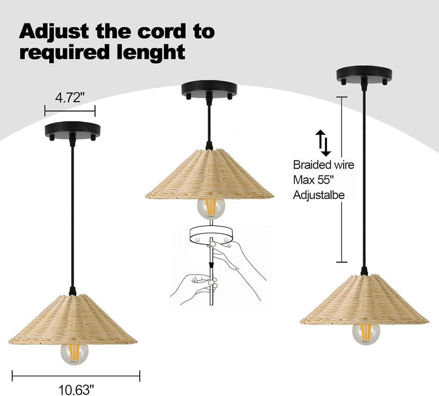 TERLEENART Hard Wired Rattan Pendant Lights Set of 2,Farmhouse Coastal Woven Wicker Ceiling Light with 10.65” Cone Shade, Boho Wired Mounted Hanging Chandelier for Bedroom Dining Room Kitchen Island