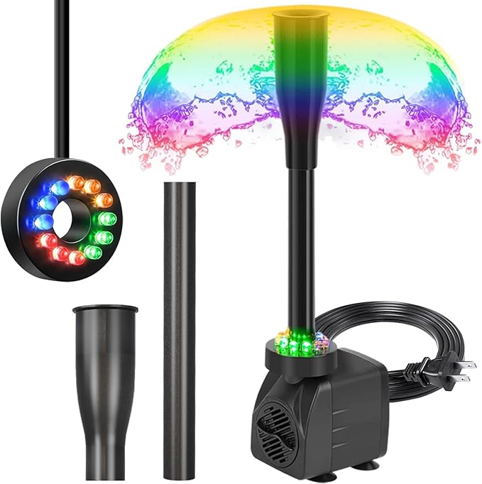 15W 200 GPH Submersible Fountain Pump with LED Light, Ultra Quiet Adjustable Water Pump (800L/H) for Water Feature, Hydroponics, Garden, Pond, Aquariums, Fish Tanks, Indoor Outdoor Fountain