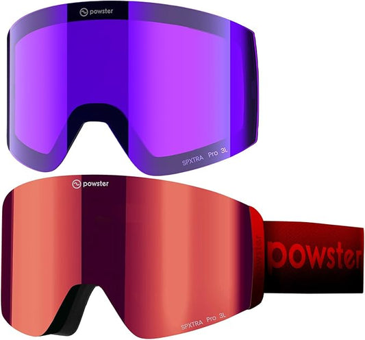 Powster Ski Goggles Snow OTG Snowboard Goggles Magnetic Interchangeable Lens Frameless UV Protection Anti-fog mobile Skating