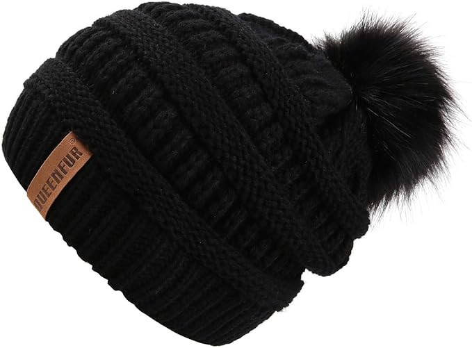 QUEENFUR Women Knit Slouchy Beanie Chunky Baggy Hat with Faux Fur Pompom Winter Soft Warm Ski Cap