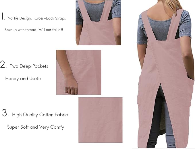 WROLEM Women's Practical Cross Back Pinafore Apron with Large Pockets Home Kitchen,Restaurant,Coffee House,Cooking,Gardening